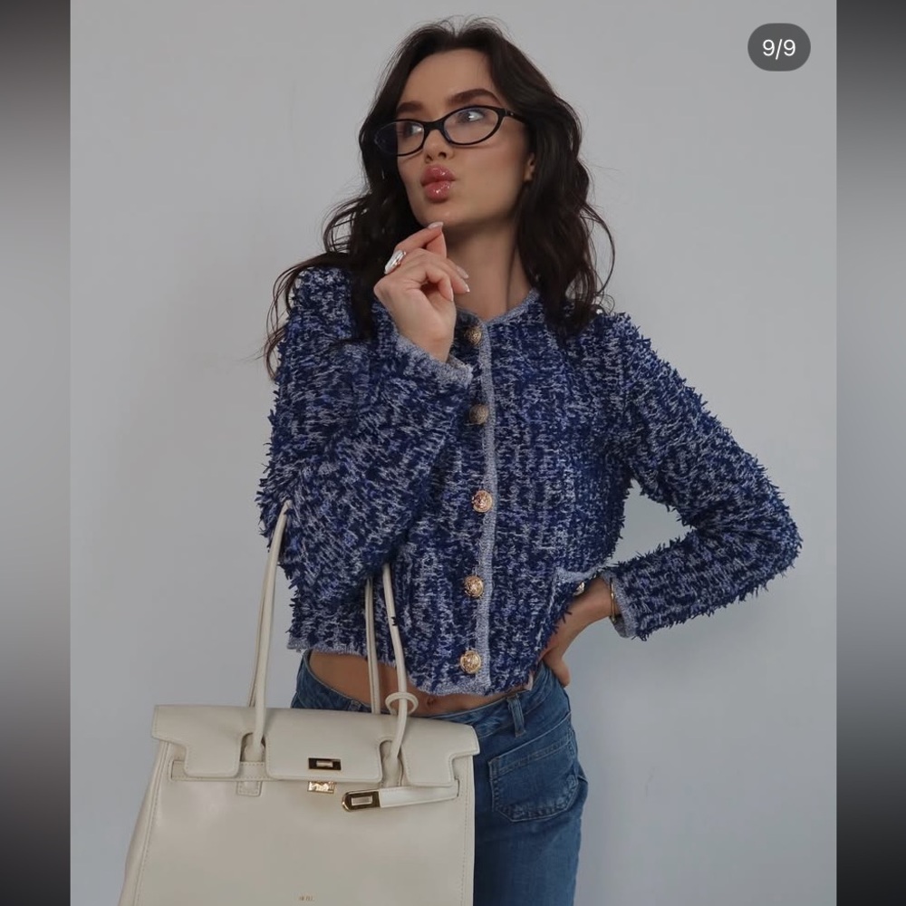 Zara Blue Bouclé Blazer with Gold Buttons